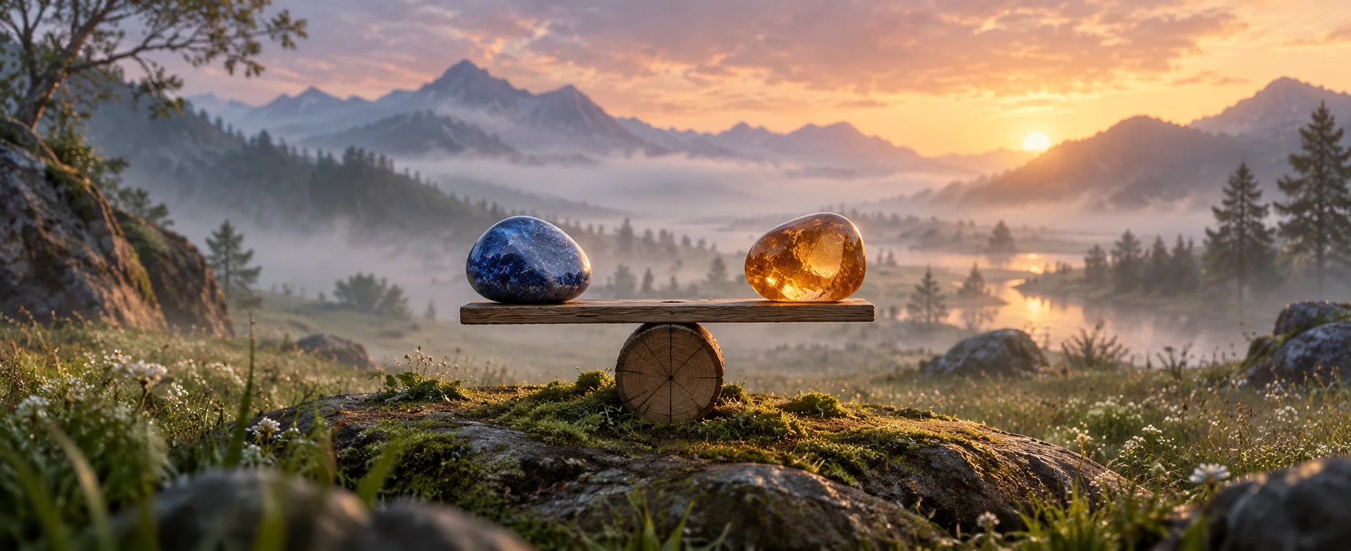 Two blue and amber stones balance on a small wooden seesaw in a misty meadow.