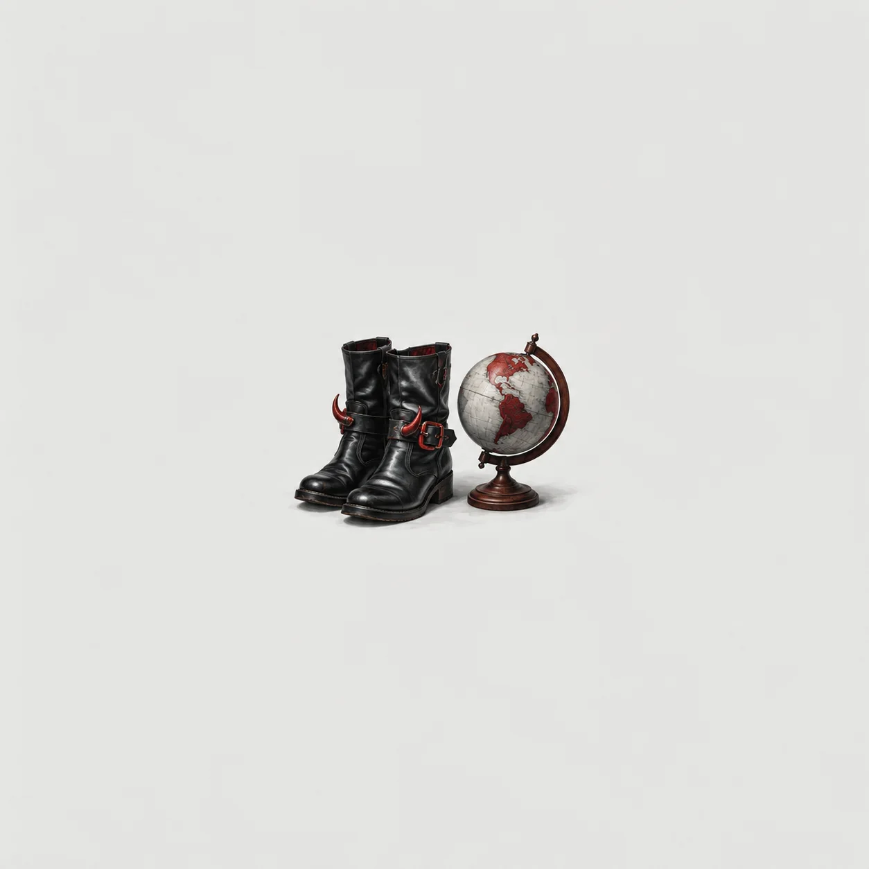 Black leather boots with red horn-like details stand beside a small globe on a wooden base.