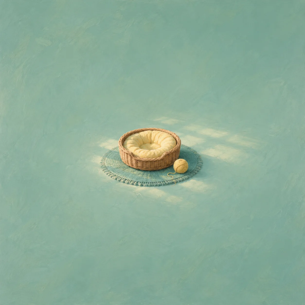 An empty wicker pet bed with a yellow cushion sits on a round green rug beside a ball of yarn.