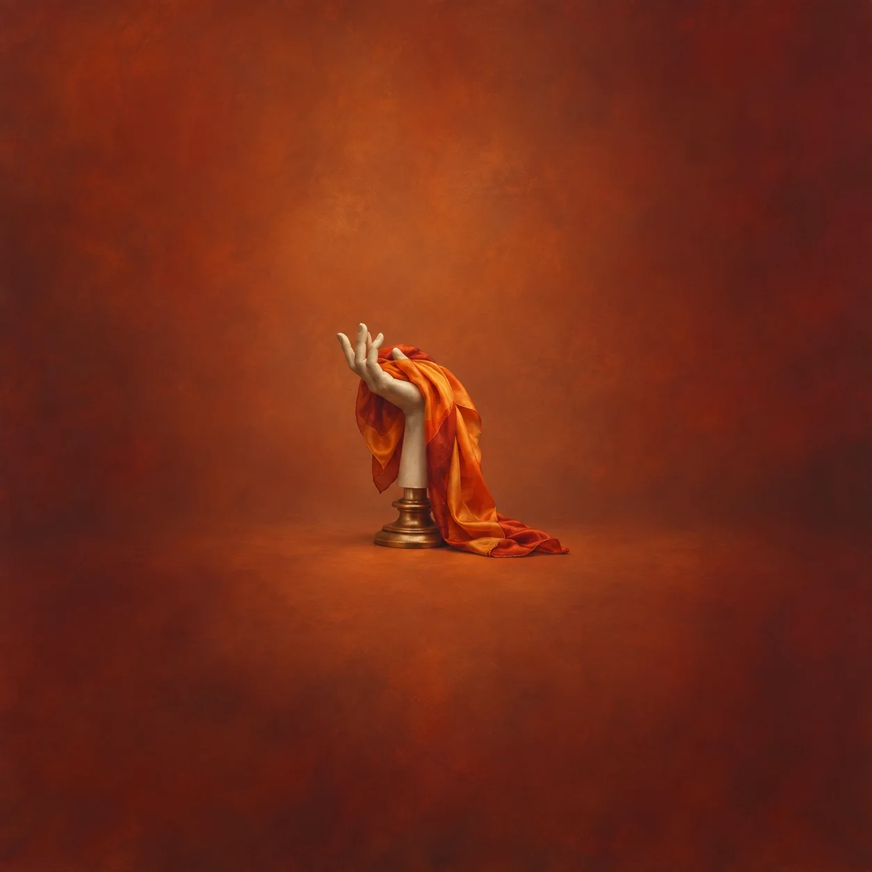 Painterly mannequin hand on a gold stand draped with an orange scarf.