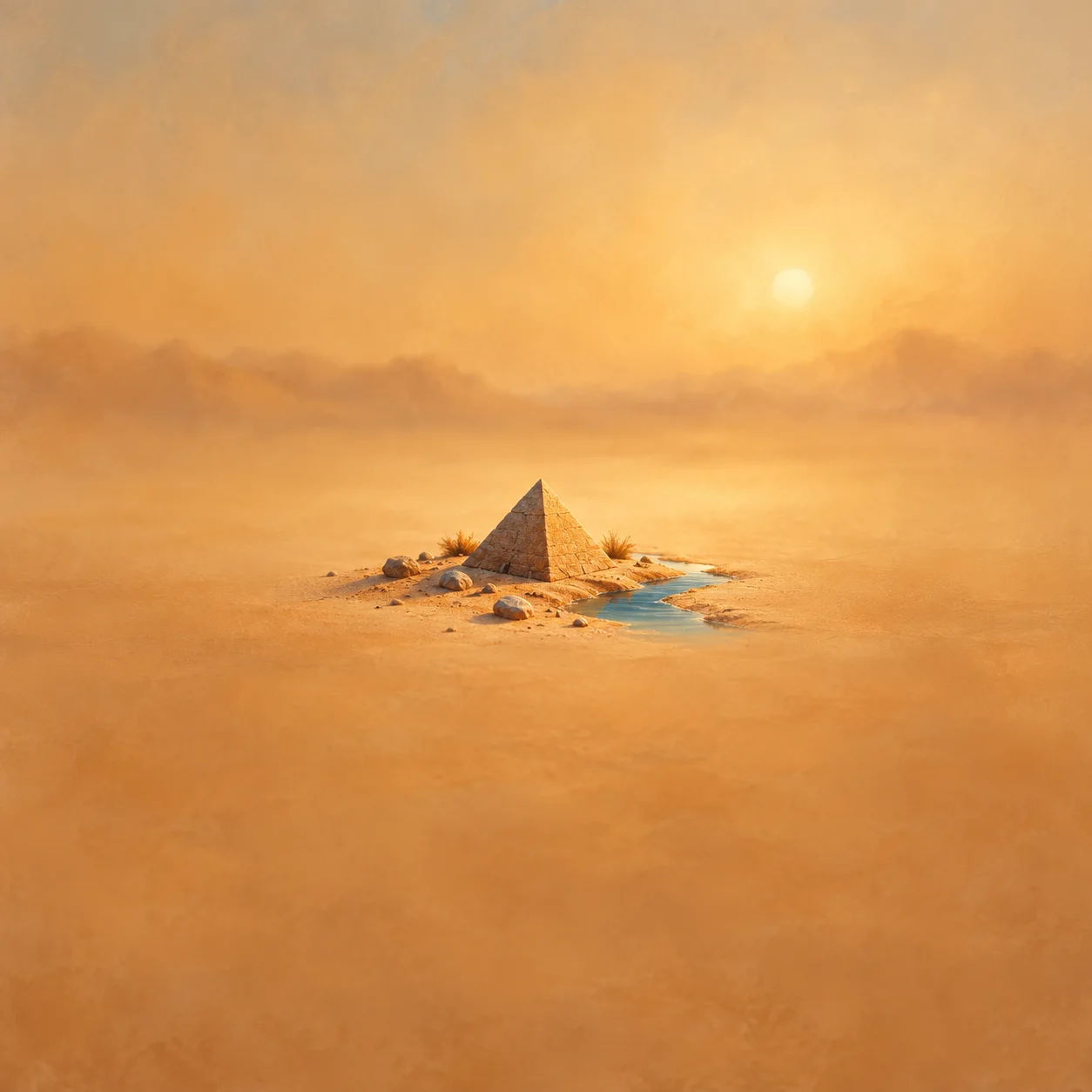 Painterly small stone pyramid beside a narrow blue stream on golden sand beneath a hazy sun.