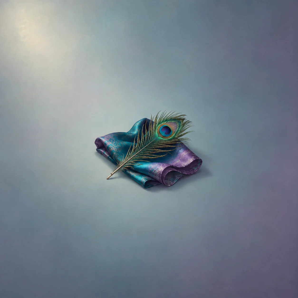 Painterly peacock feather laid across a folded blue and purple silk scarf.