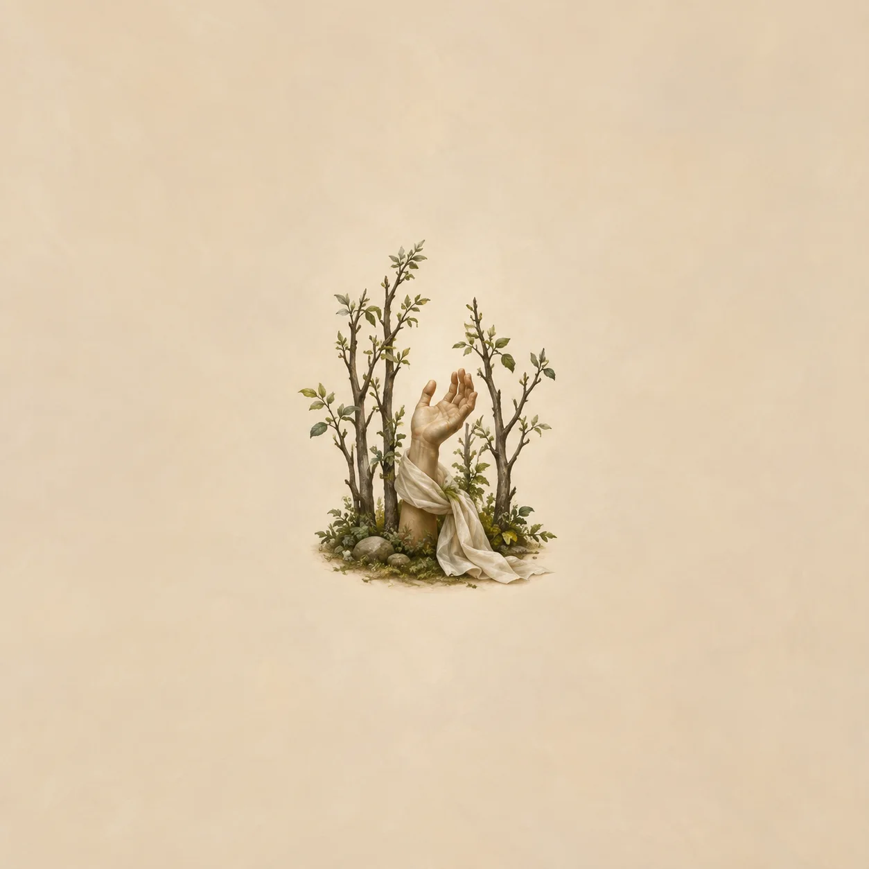A pale sculpted hand rises among slender leafy saplings with white cloth draped at their base.