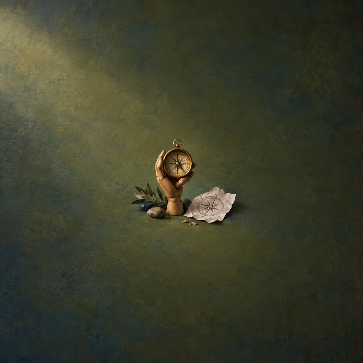 A wooden mannequin hand holds a brass compass beside stones, leaves and a crumpled compass drawing.