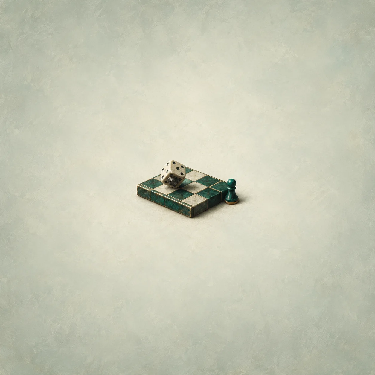 A die resting on a small green-and-cream checkered board, with a green pawn beside its edge.