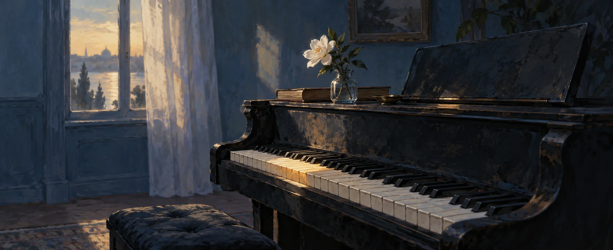 A worn black piano stands beside a blue window, with a white flower in a small vase.