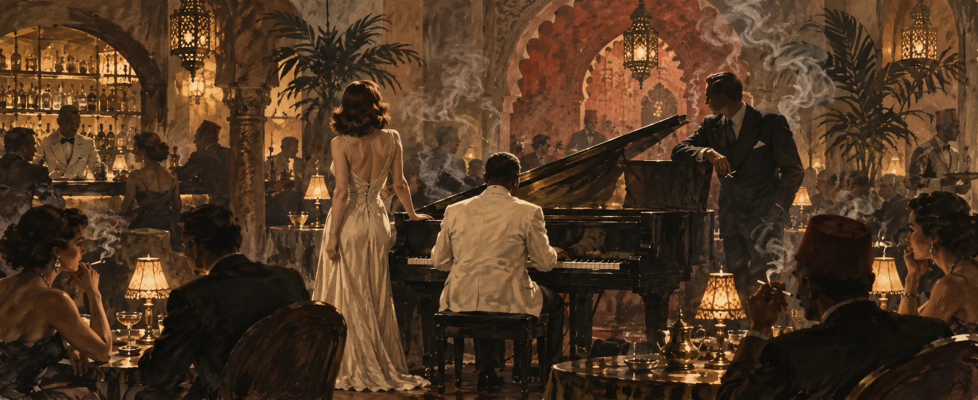 A woman in a pale gown stands by the piano in a smoky Moroccan nightclub while the pianist plays and a man in a white jacket leans on the piano.