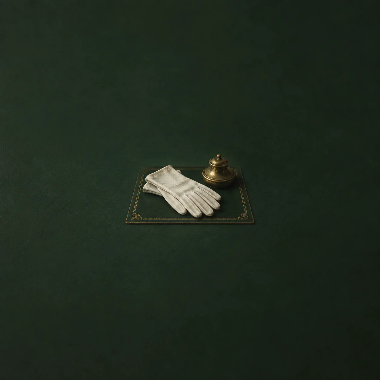 A pair of white gloves laid flat on a dark green writing pad beside a small brass ornament.