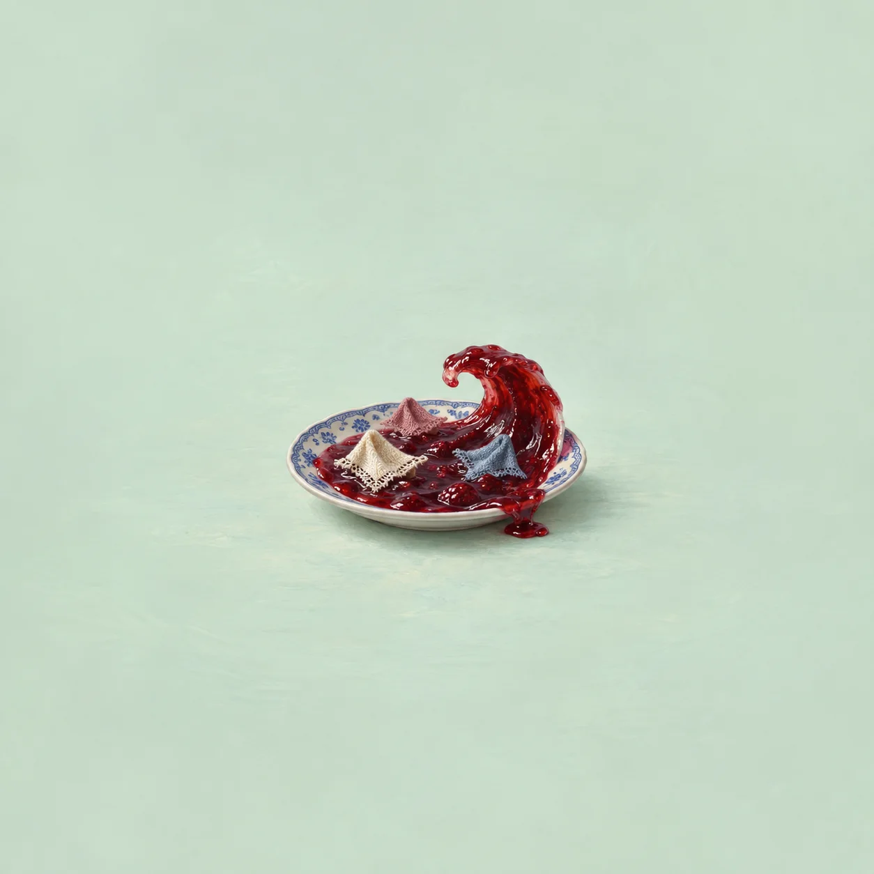 A curling wave of crimson jam surrounds small folded cloth pieces on a blue-and-white plate.