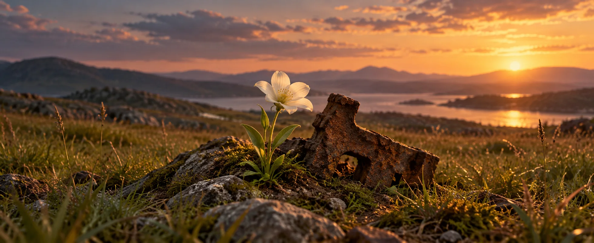 A small ivory flower grows beside a rusted iron fragment in a quiet grassy field.
