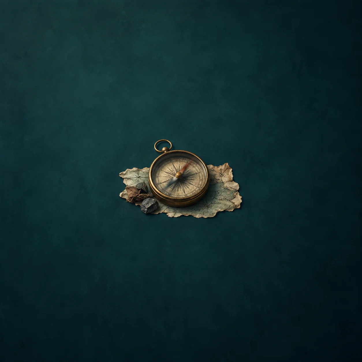 An aged brass compass rests on torn map paper against dark teal.