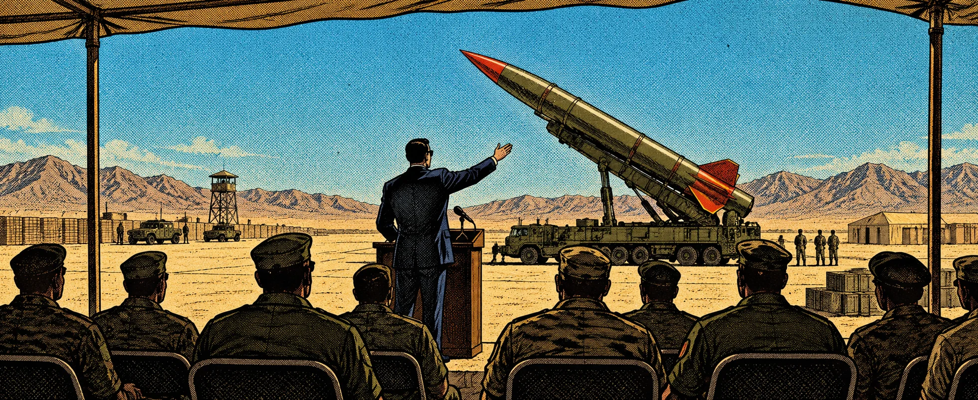 Comic panel: a man in a suit gestures at a missile on a launcher before rows of soldiers at a desert weapons demo.