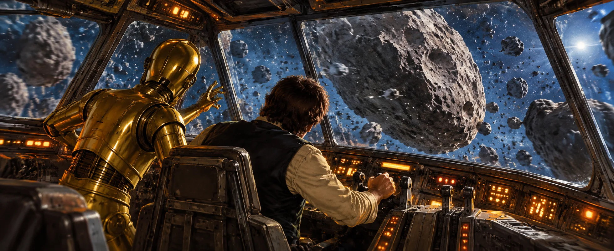 A pilot in a vest flies a spaceship cockpit through a field of tumbling asteroids while a golden droid gestures beside him.
