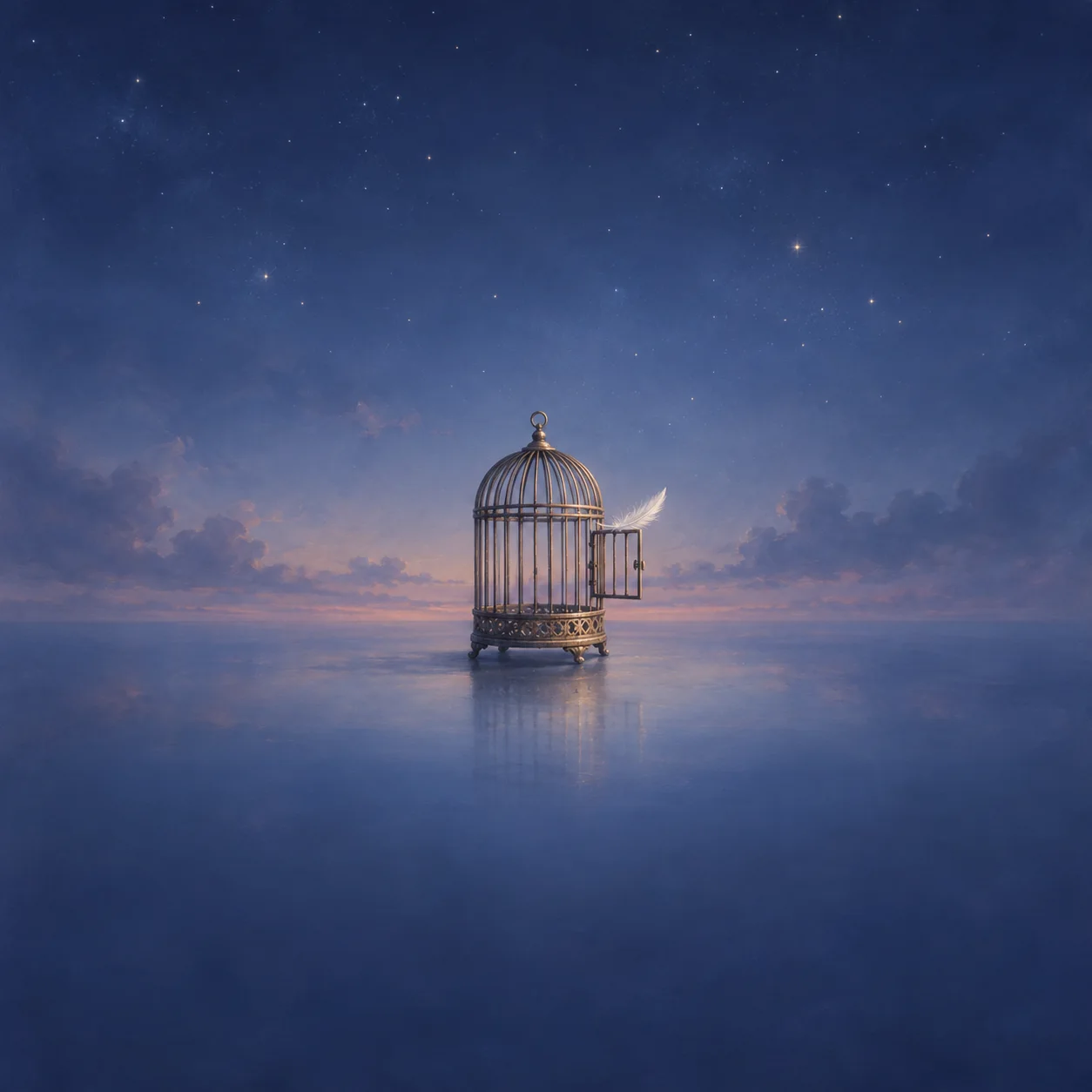 Painterly empty birdcage with an open door and pale feather against a starry blue twilight.