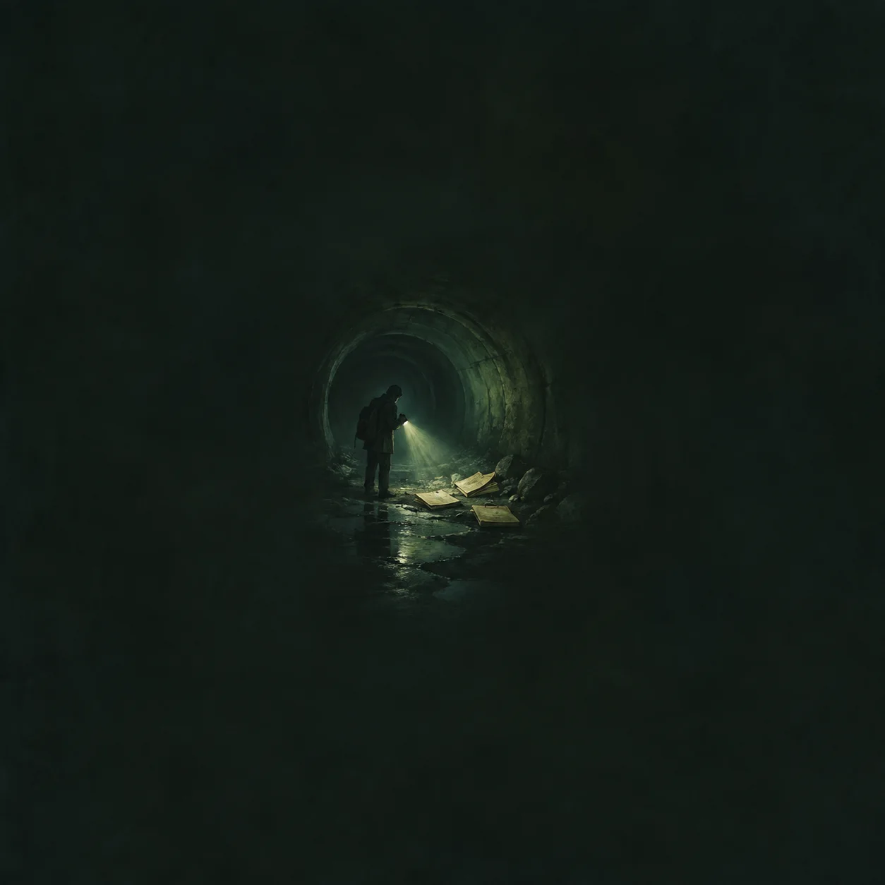 Painterly silhouetted figure shining a flashlight over scattered papers in a dark green tunnel.