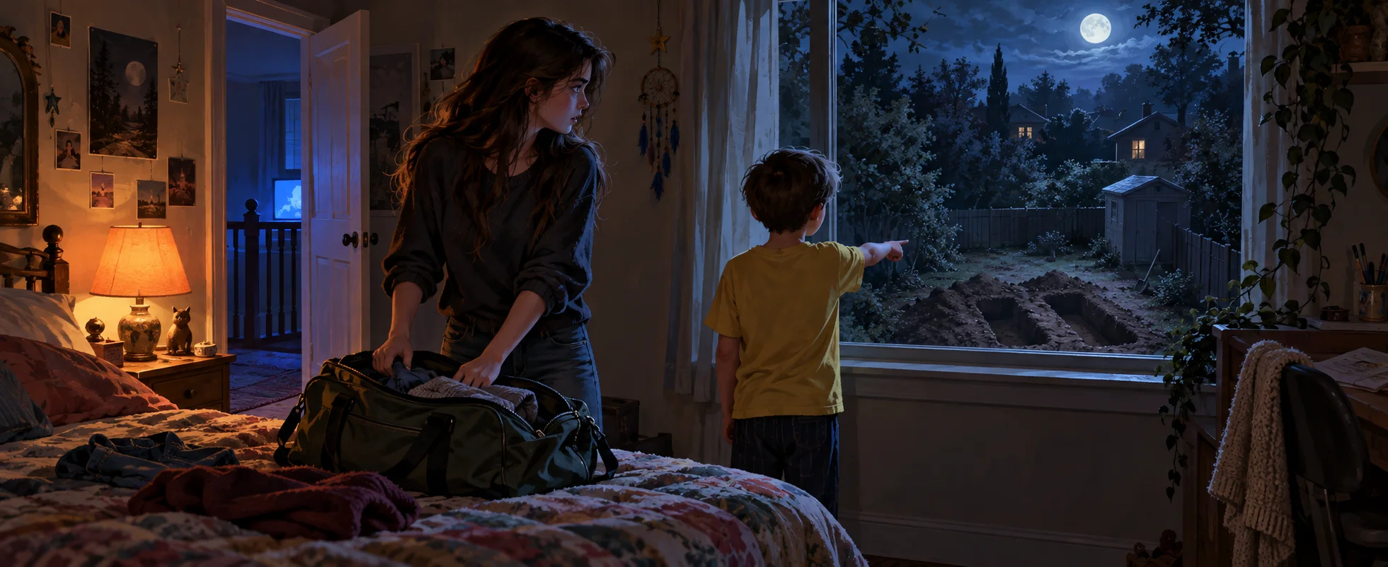 A teenage girl packs a bag in her bedroom at night while her little brother points out of the window at a freshly dug grave in the moonlit garden.