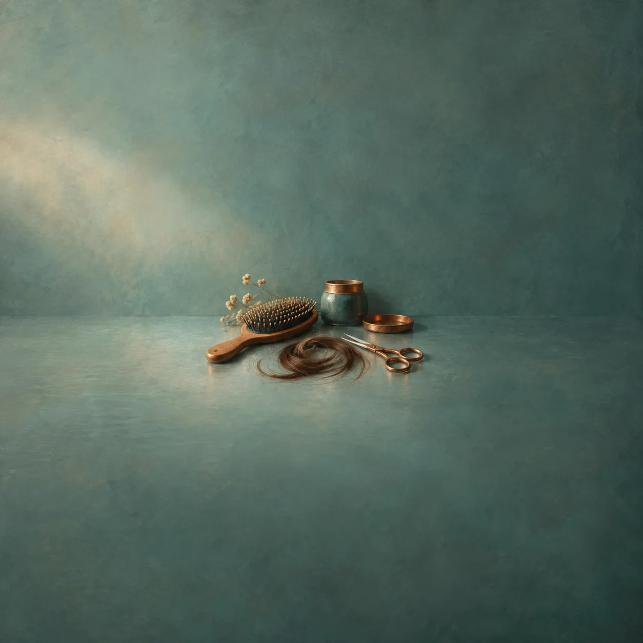 Painterly hairbrush, scissors and a coil of cut hair beside small jars on a teal surface.