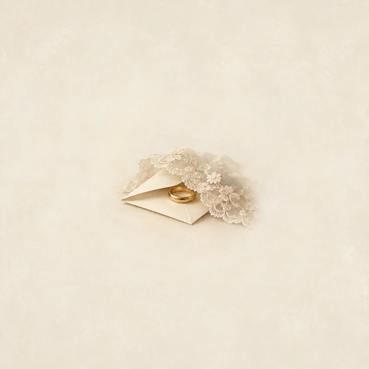 Painterly gold wedding ring on folded blank cream paper beneath delicate white lace.