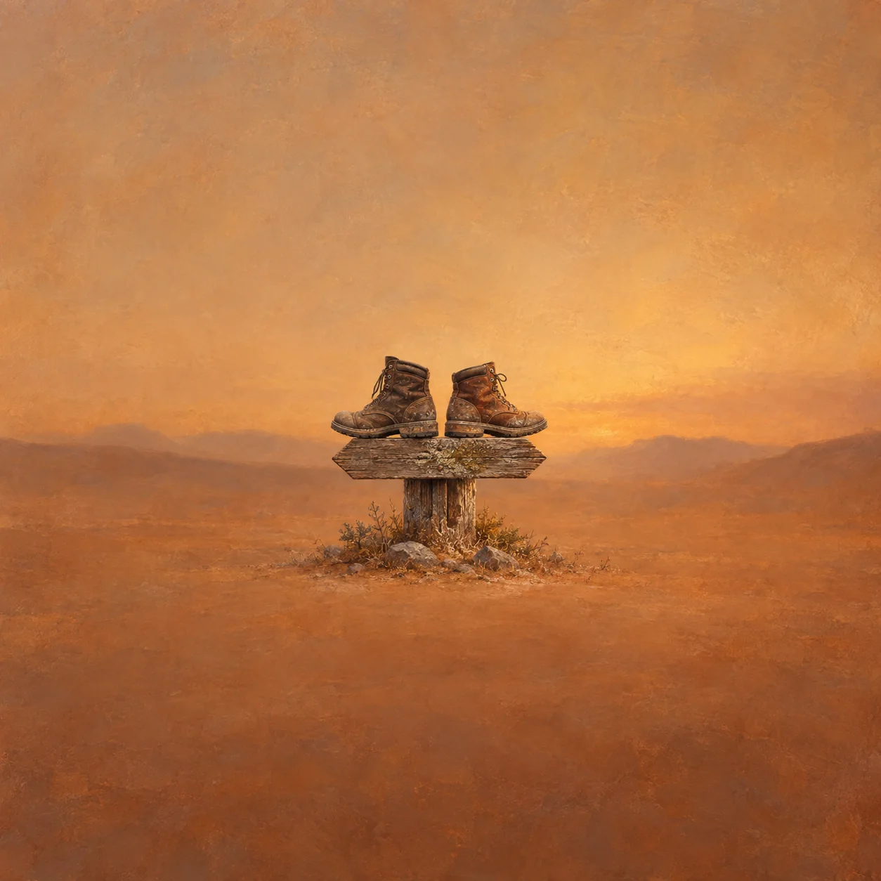Painterly worn leather boots pointing opposite ways atop a wooden signpost in a dry landscape.