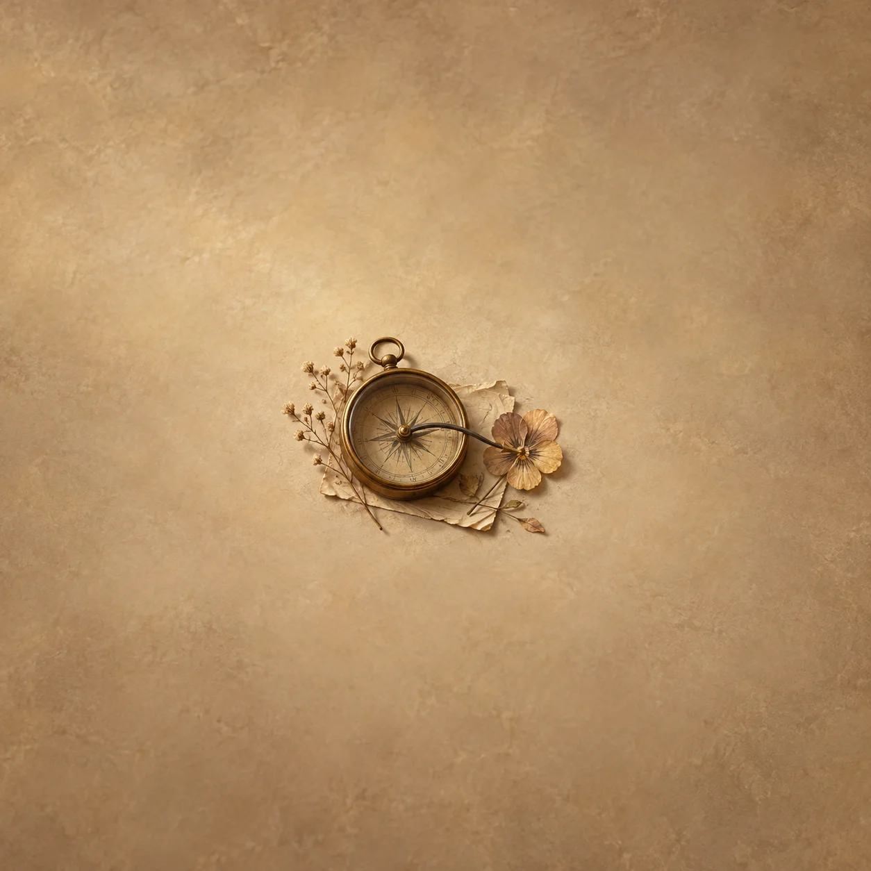 A brass compass rests beside a pressed flower and small dried stems on pale paper against a sepia background.