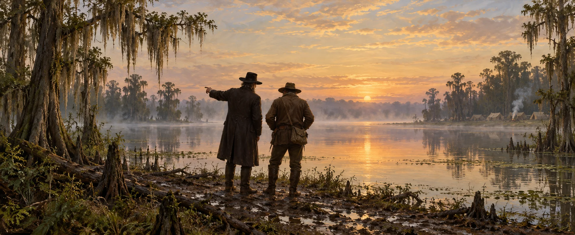 Two cowboys stand on a muddy bank looking out over a misty bayou at sunset, one pointing into the distance.