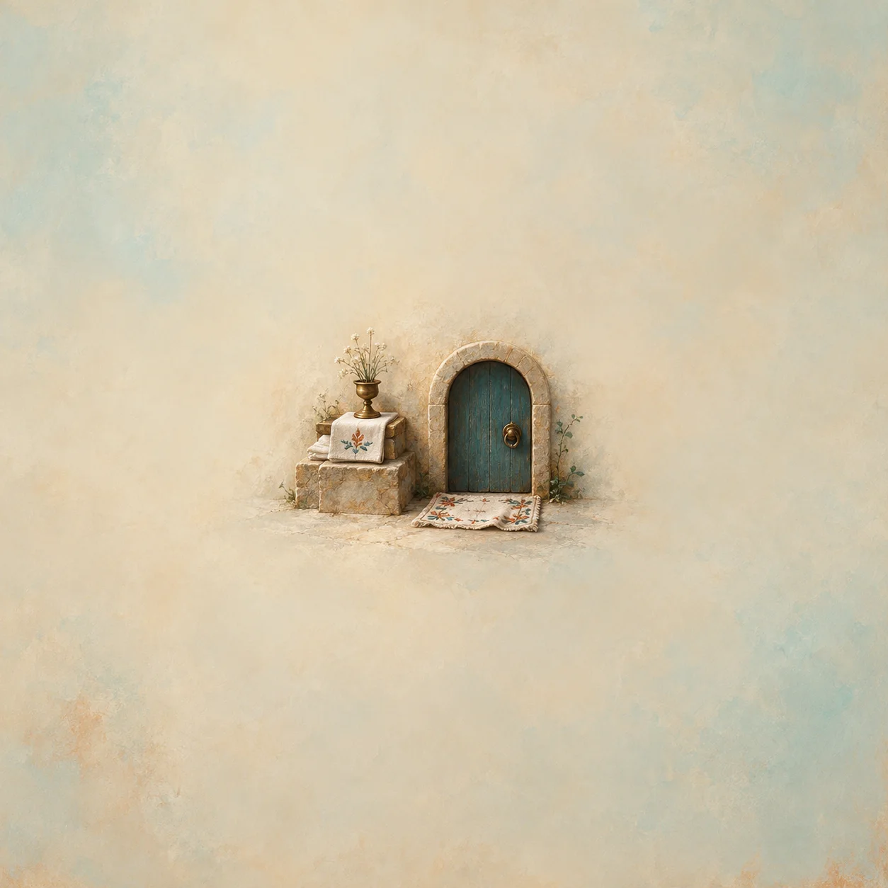 A folded white cloth on a tiny step beside a worn patterned cloth lying before a small door.