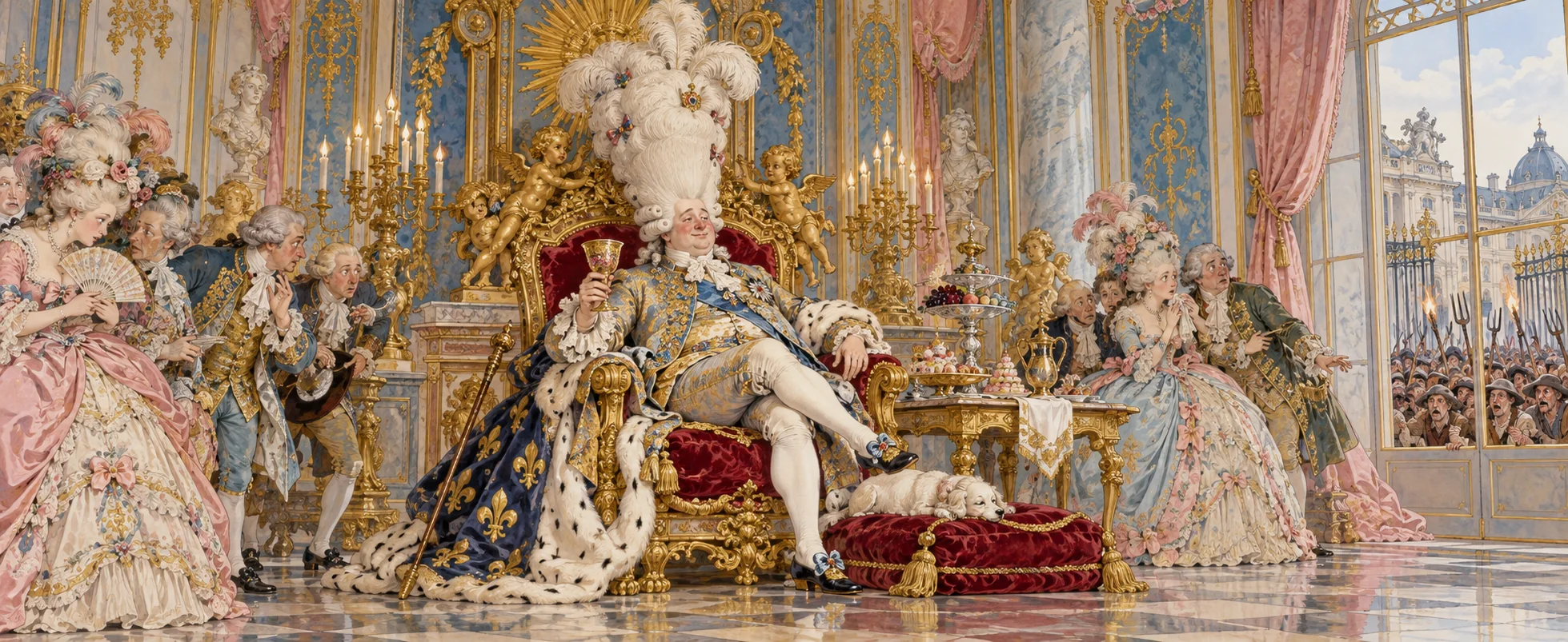 A powdered, bewigged king lounges on a gilded throne with a goblet in a glittering Versailles hall, courtiers in silk around him and a crowd gathering beyond the windows.
