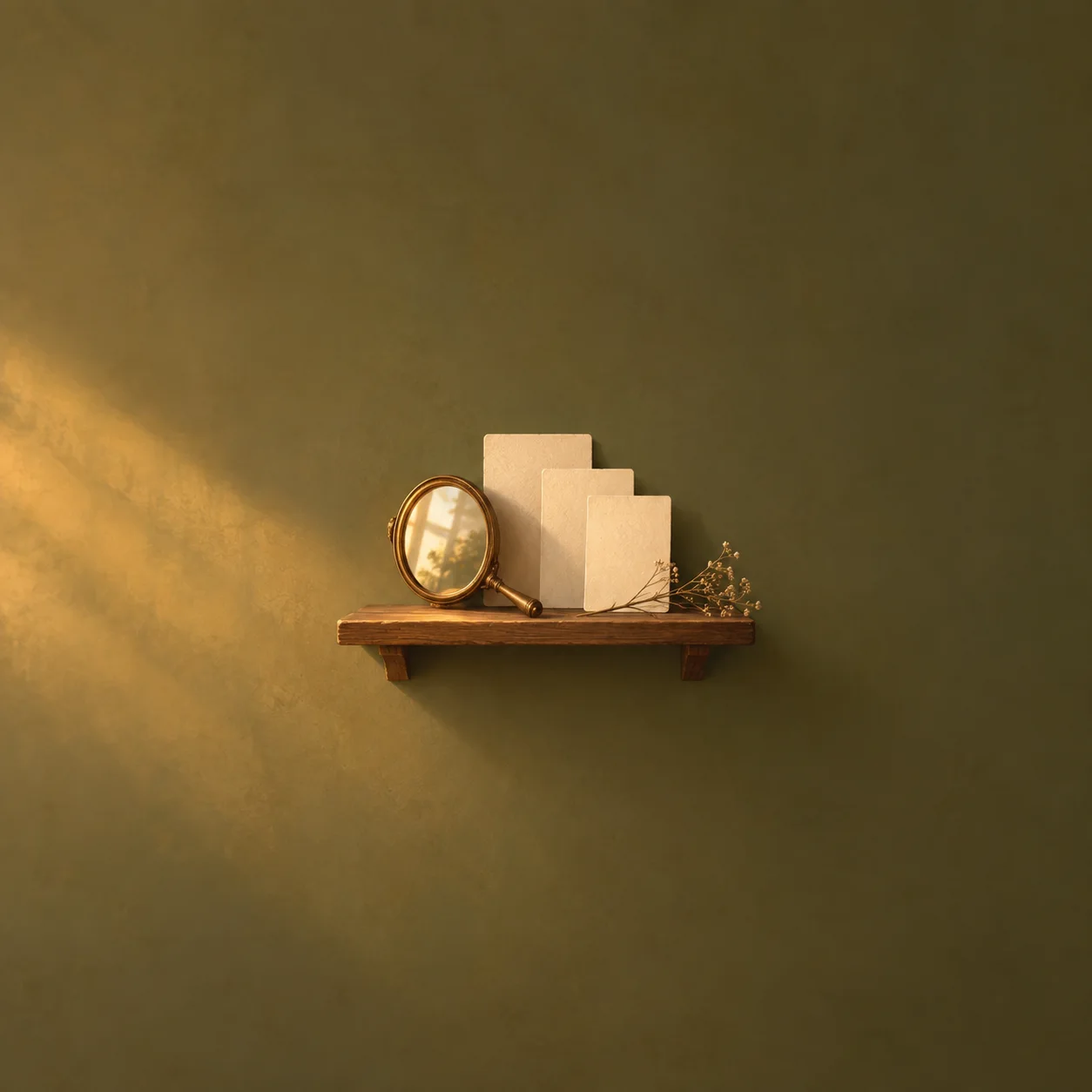 Painterly round hand mirror beside three plain cream cards on a wooden shelf against olive.