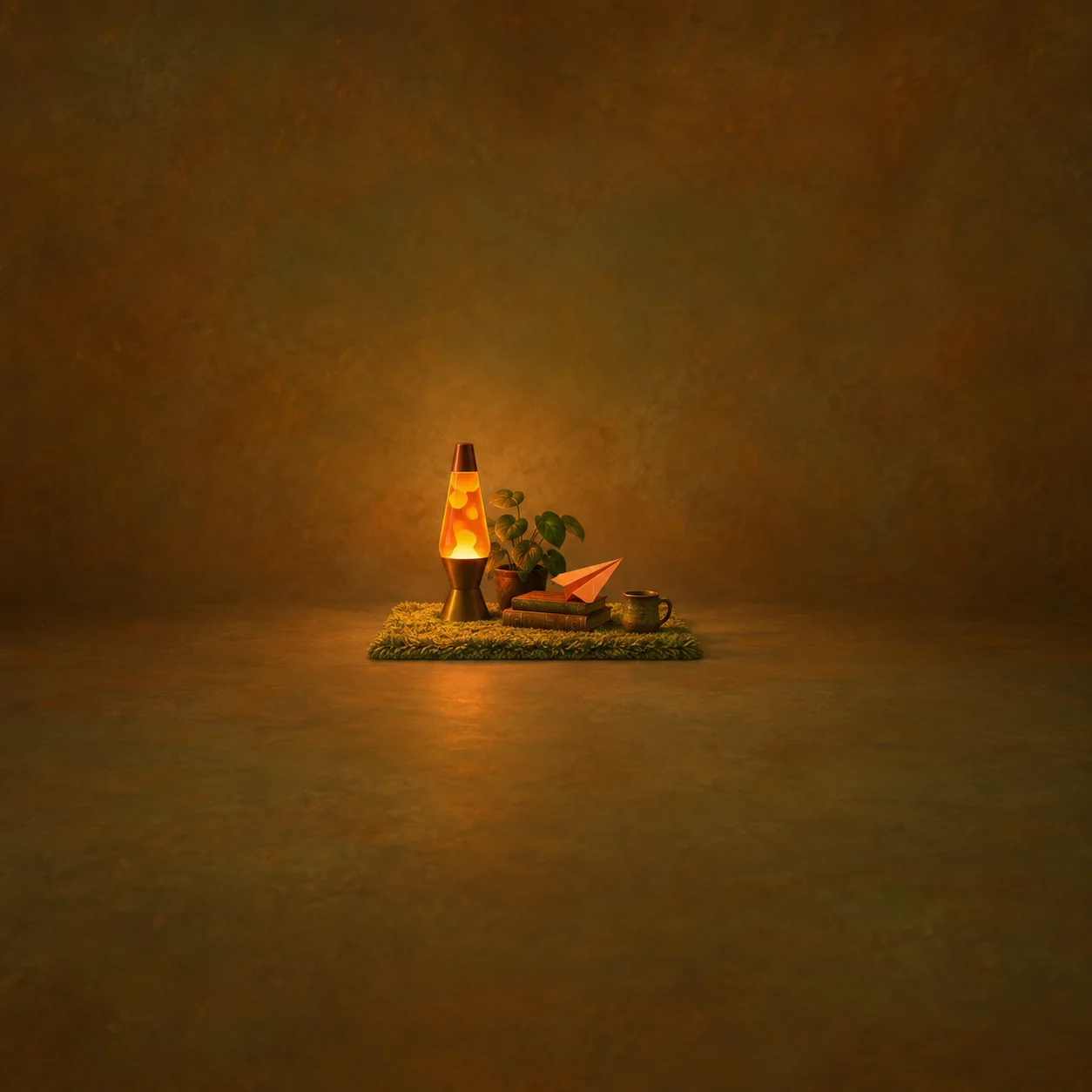 An orange lava lamp glows beside a plant and folded paper plane on a small green rug.