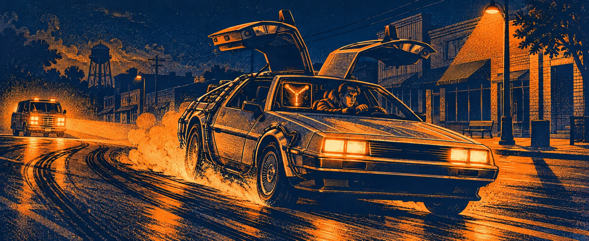 A stainless-steel time-machine car tears down a small-town street at night trailing fire.