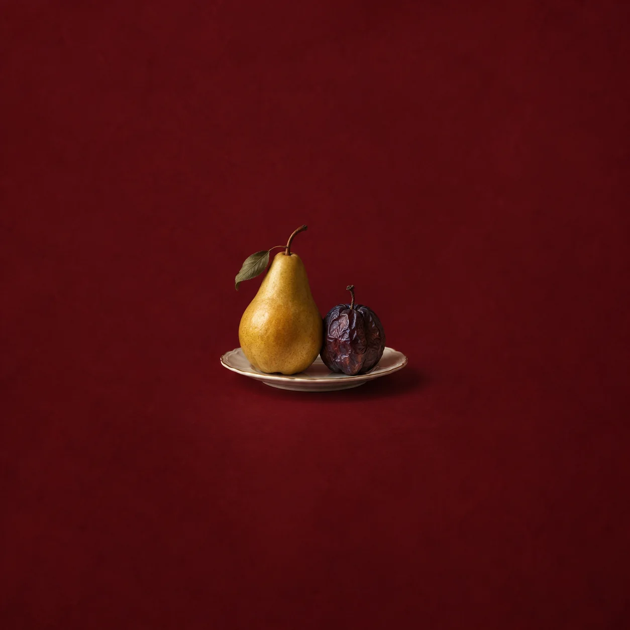 A golden pear and a shrivelled dark plum on a white saucer against a burgundy background.
