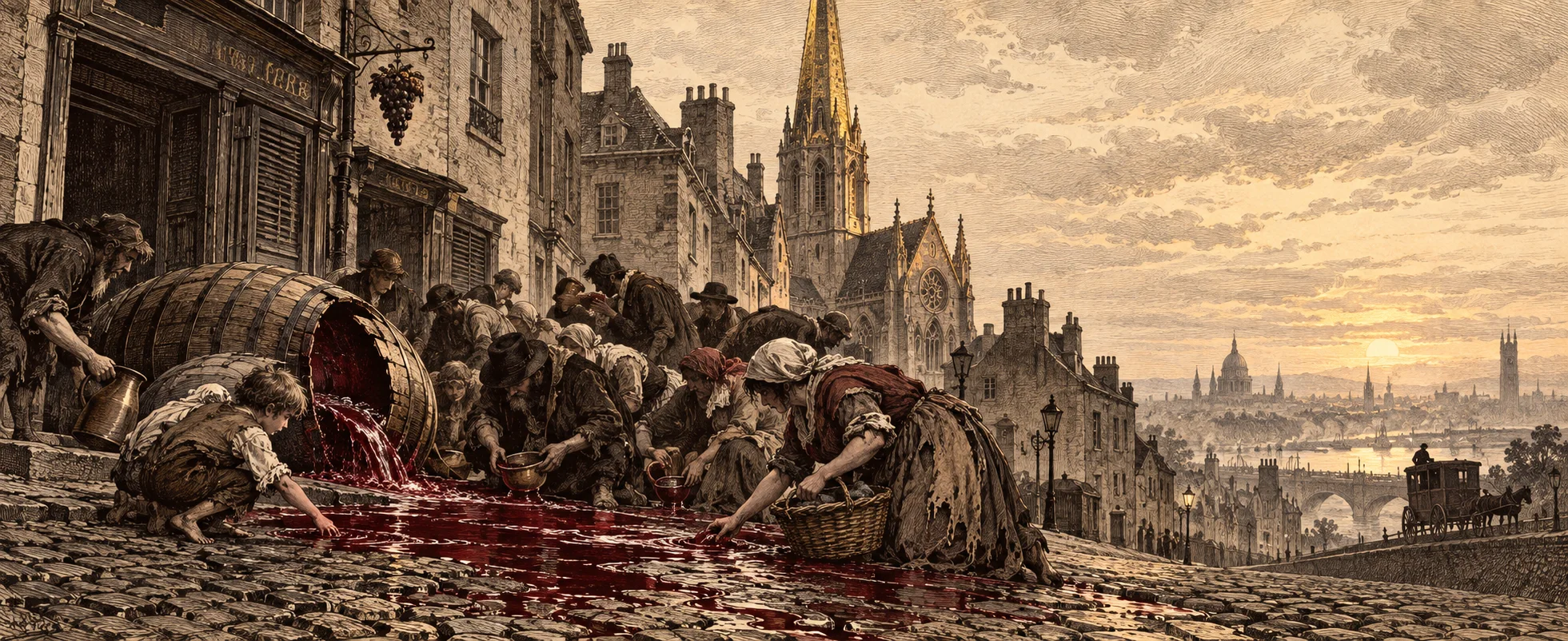 Ragged people in a narrow old Paris street crouch to scoop up red wine from a burst cask on the cobbles, a church spire beyond.