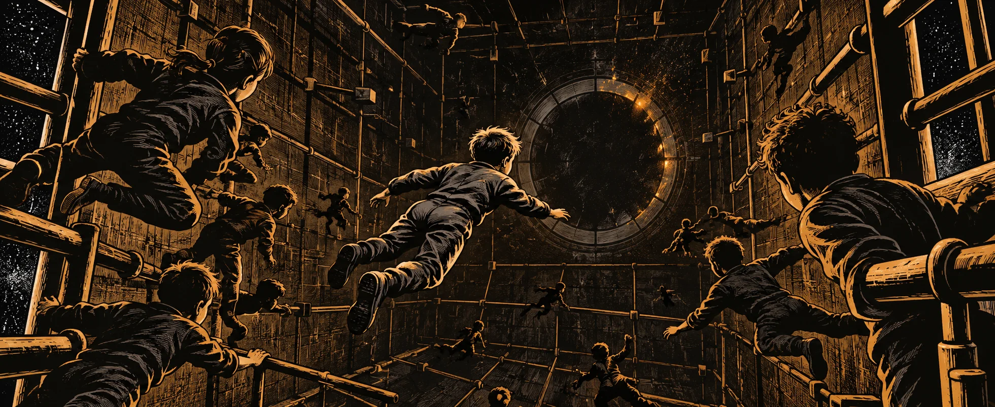 Young trainees push off the walls and handholds of a zero-gravity battle room toward a dark round gate below, in sepia ink.