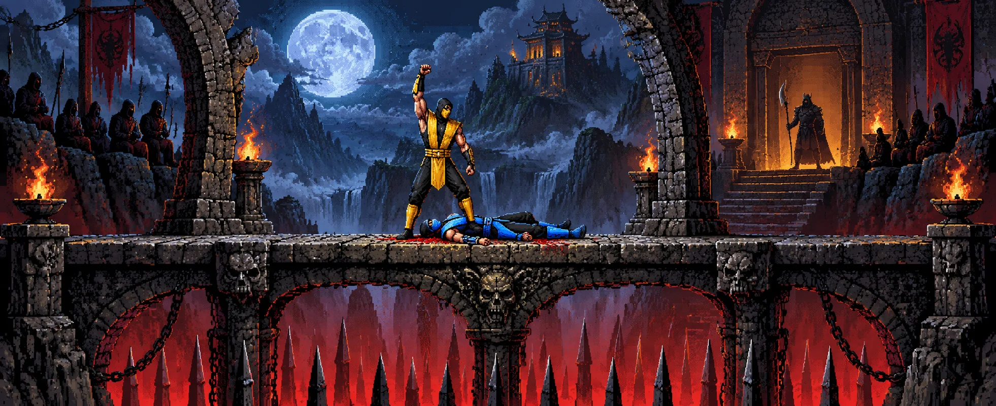 Pixel-art arena: a yellow-clad ninja raises a fist over a fallen blue ninja on a stone bridge above a pit of red spikes, under a full moon and torch-lit stone arches.