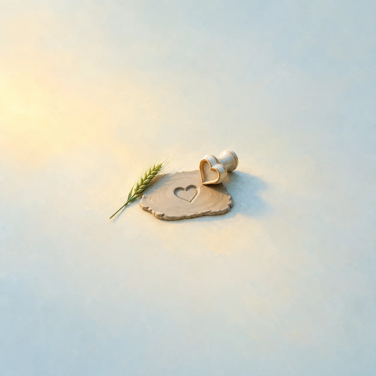 A heart-shaped stamp lies beside a heart pressed into a patch of clay and a green stalk of wheat.
