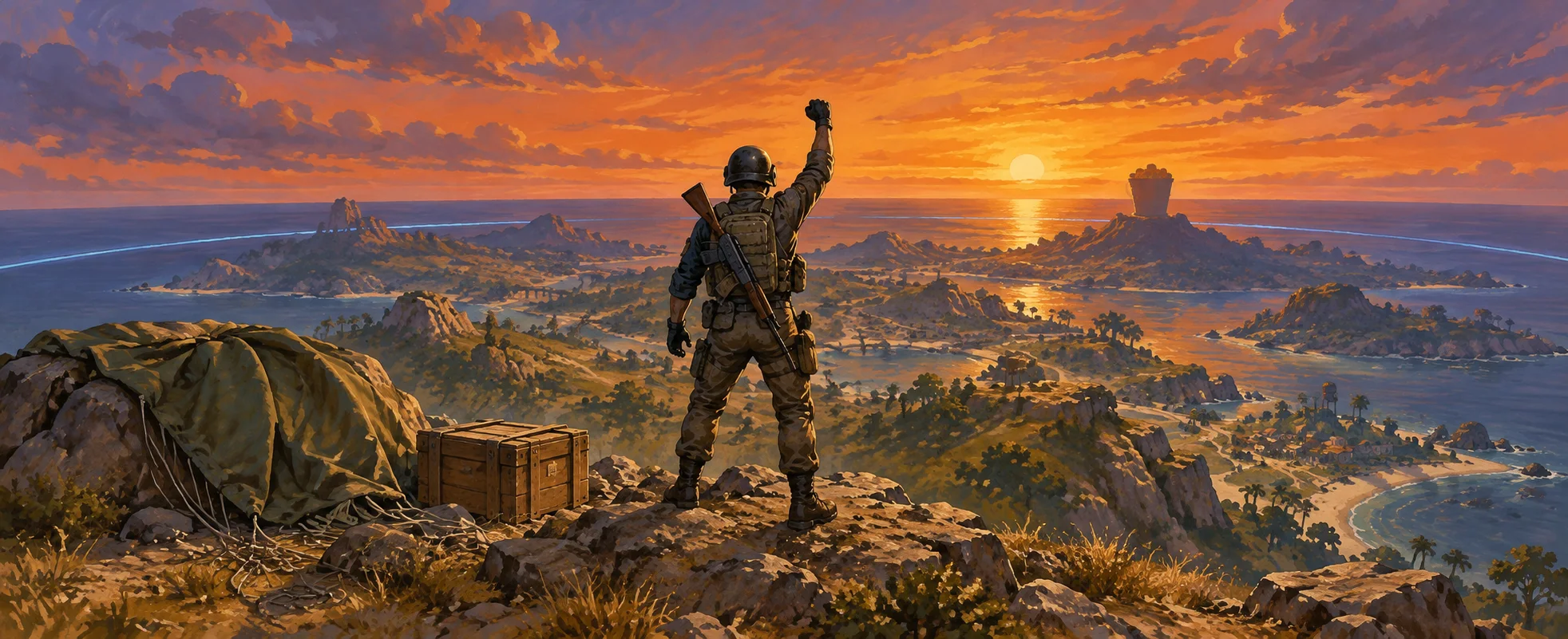 A soldier raises a fist on a hilltop overlooking islands at sunset beside a supply crate.