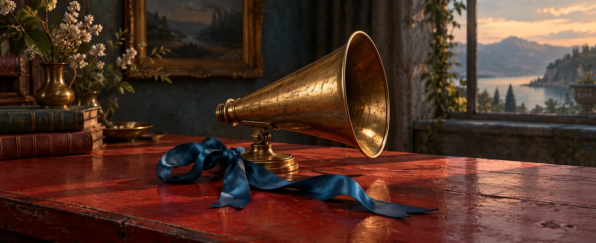 A brass speaking horn sits beside a loosely tied blue ribbon on a red wooden table.