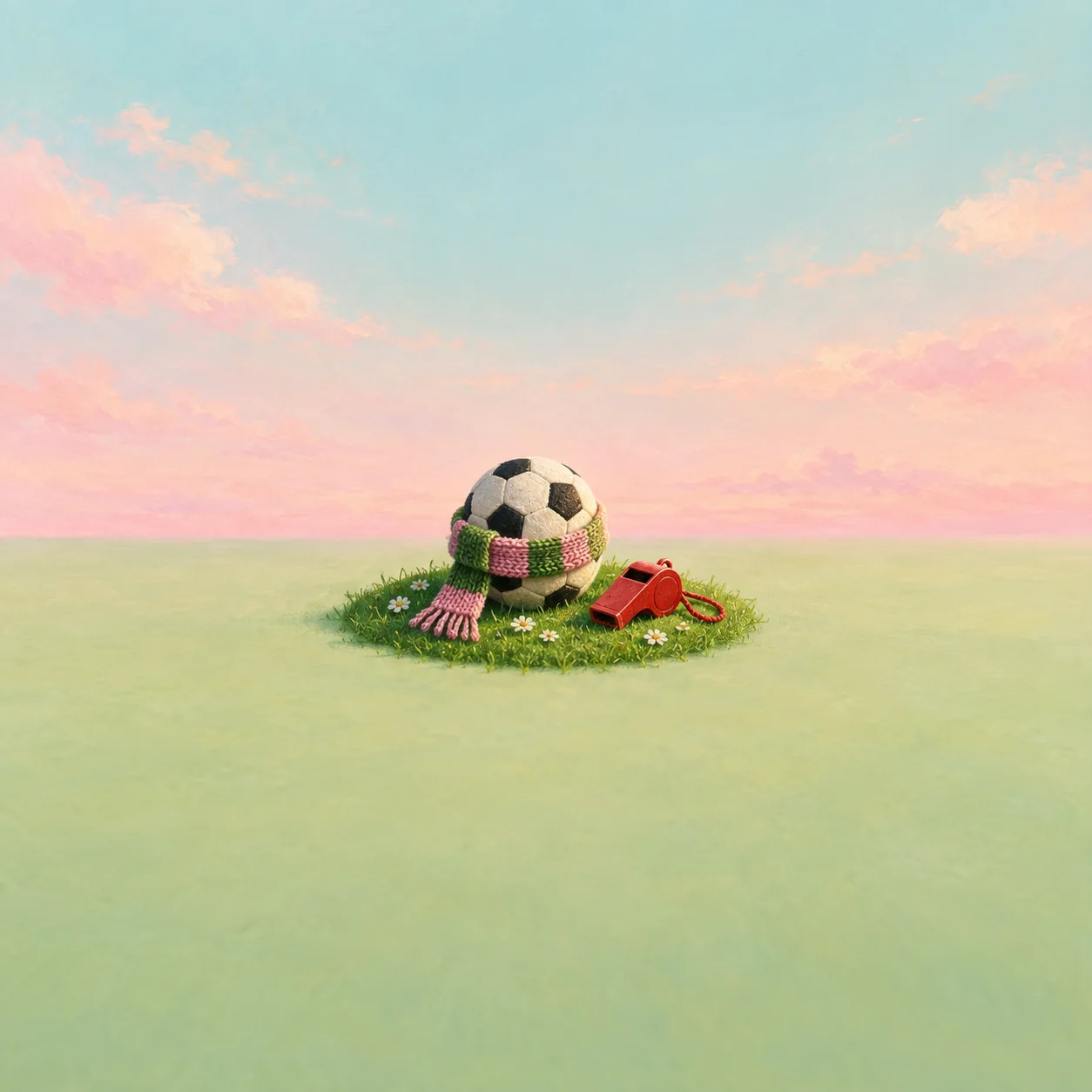 A football wearing a pink and green knitted scarf sits on a patch of grass beside a red whistle.