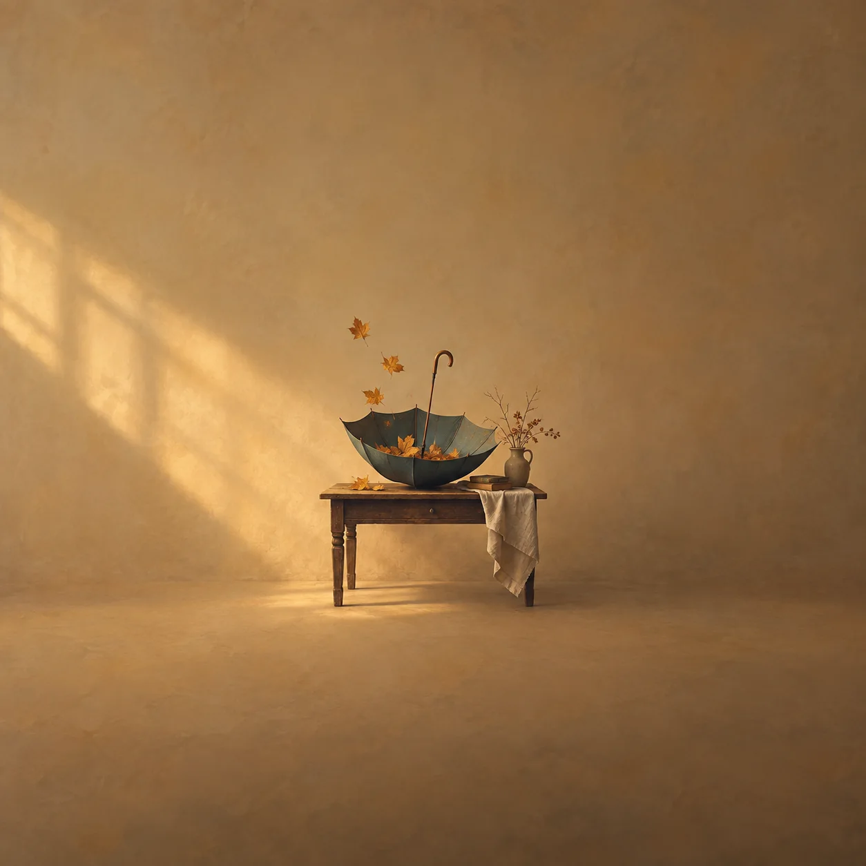 An upturned umbrella catches falling leaves on a small wooden table in warm window light.
