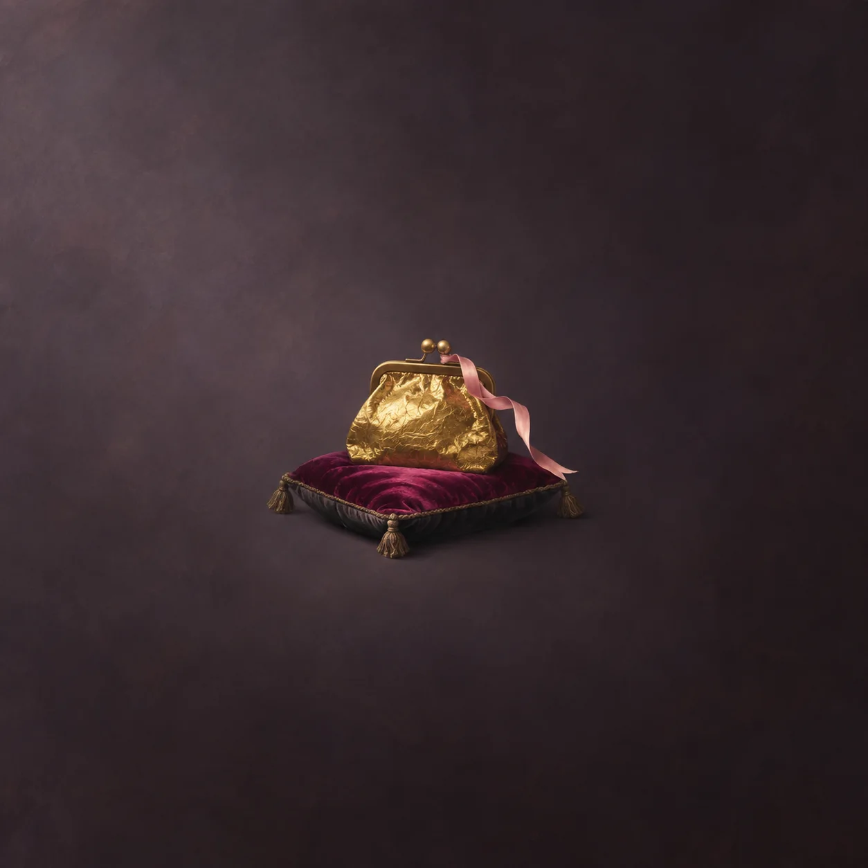A gold-colored coin purse with a pink ribbon on a magenta velvet cushion.
