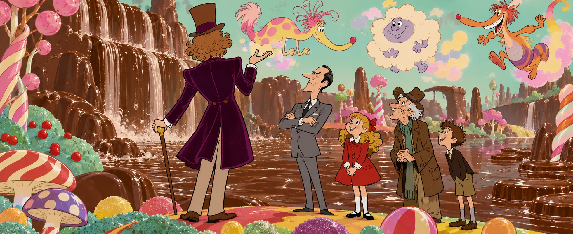 Flat cartoon of the Chocolate Room: Willy Wonka, seen from behind, waves airily at a sour Mr Salt with folded arms, Veruca, Grandpa Joe and Charlie, as cartoon beasts from his Loompaland tale float above the chocolate river.