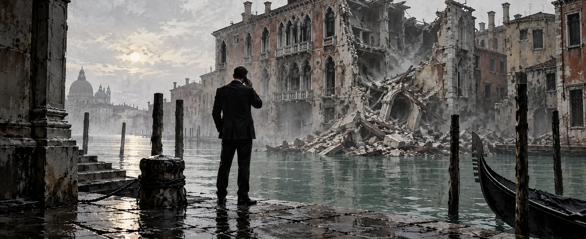 At grey dawn on a Venice canal landing, Bond stands alone with a phone to his ear in front of a palazzo half collapsed into the water.