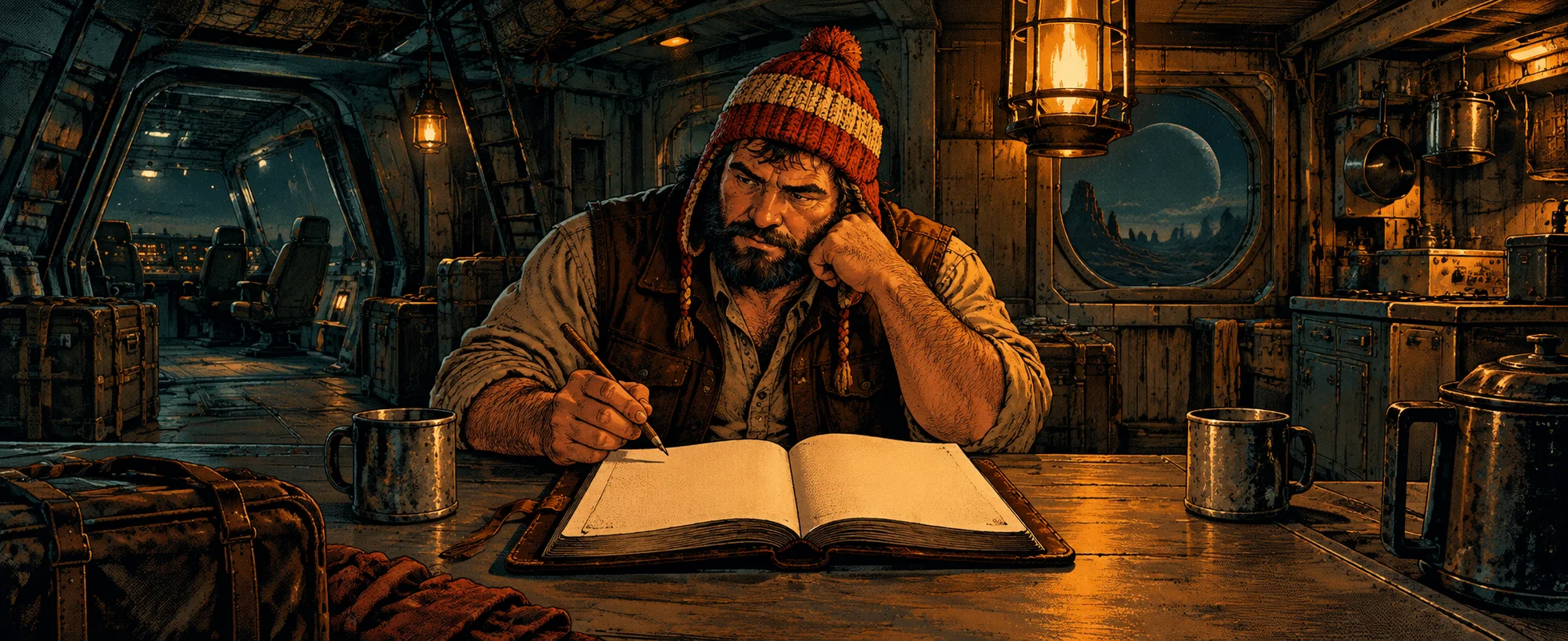 A burly man in a knitted orange hat sits writing in a notebook at a lamplit table in a spaceship galley.