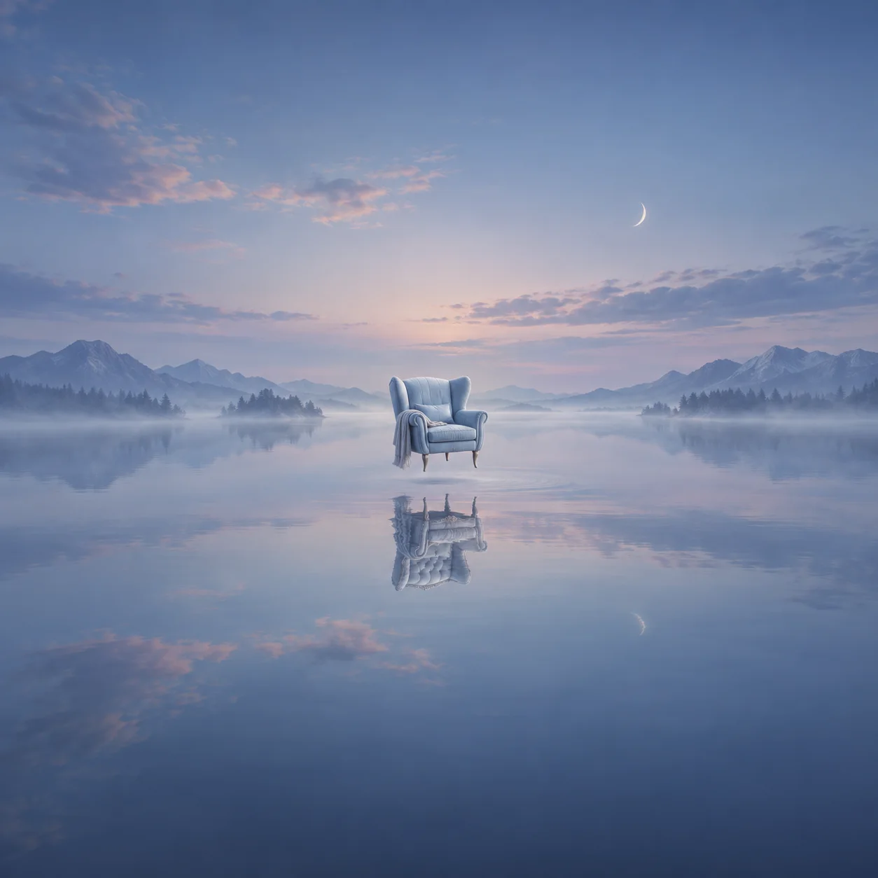 A pale-blue armchair above a still lake, reflected in the water beneath a twilight sky and distant mountains.