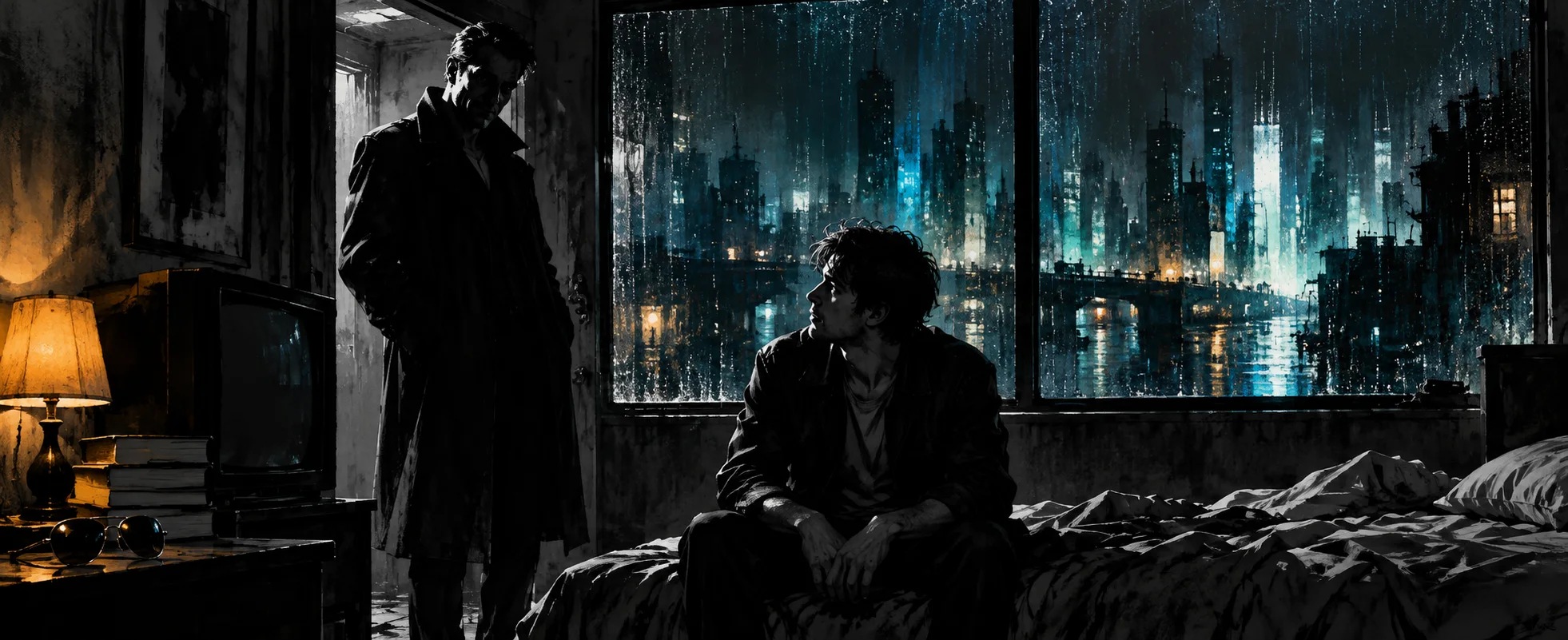 A man in a long coat stands over another sitting on a bed in a dark room, a rain-streaked city beyond the window.