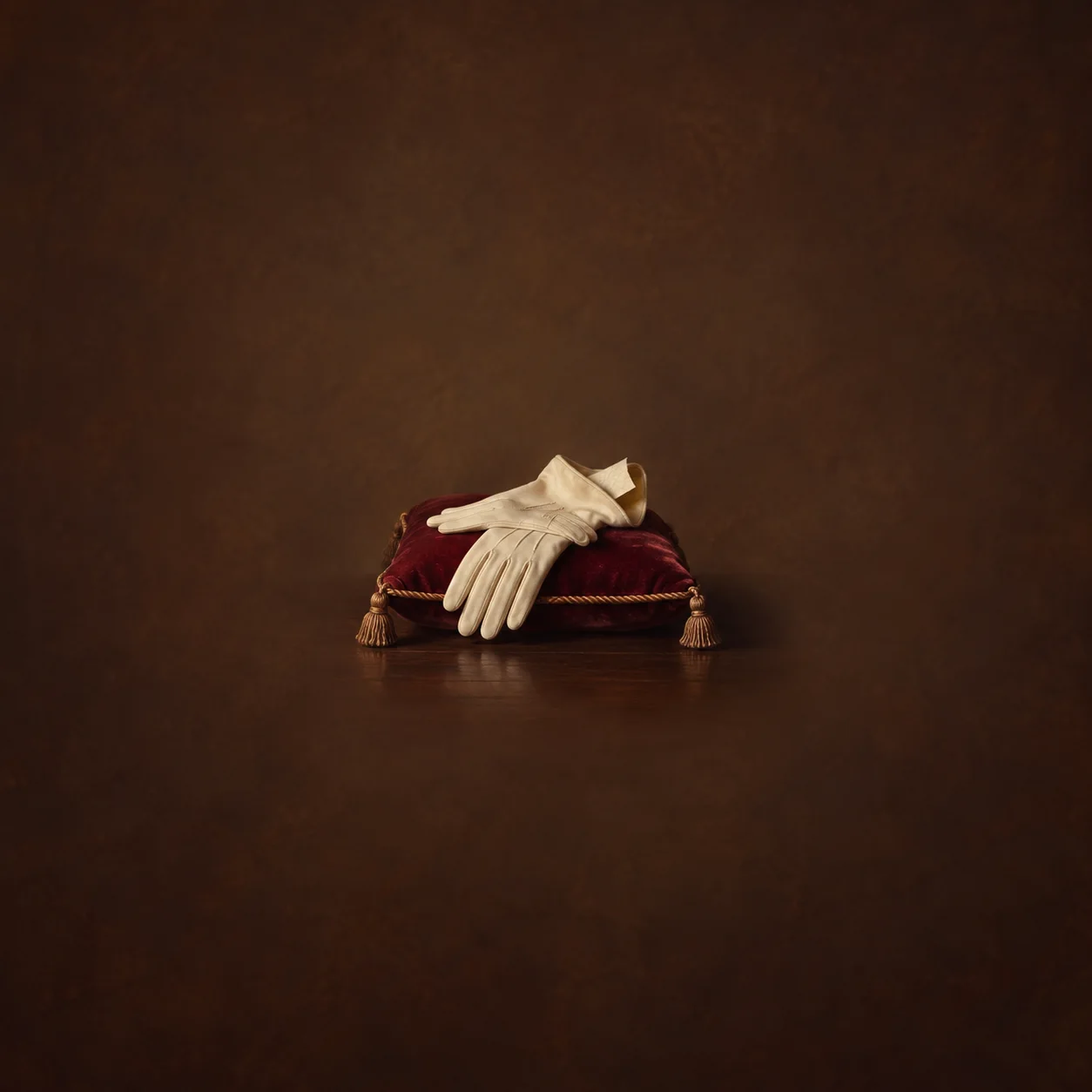 Cream gloves resting on a red velvet cushion with gold tassels against a dark brown background.