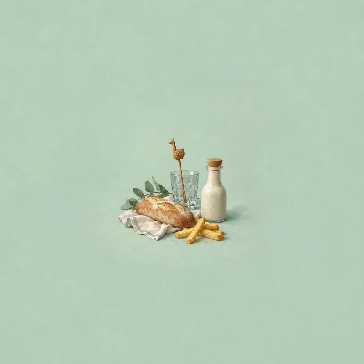 A glass with a small llama-shaped stirrer stands beside a pale bottle, bread and fries on a pastel green surface.