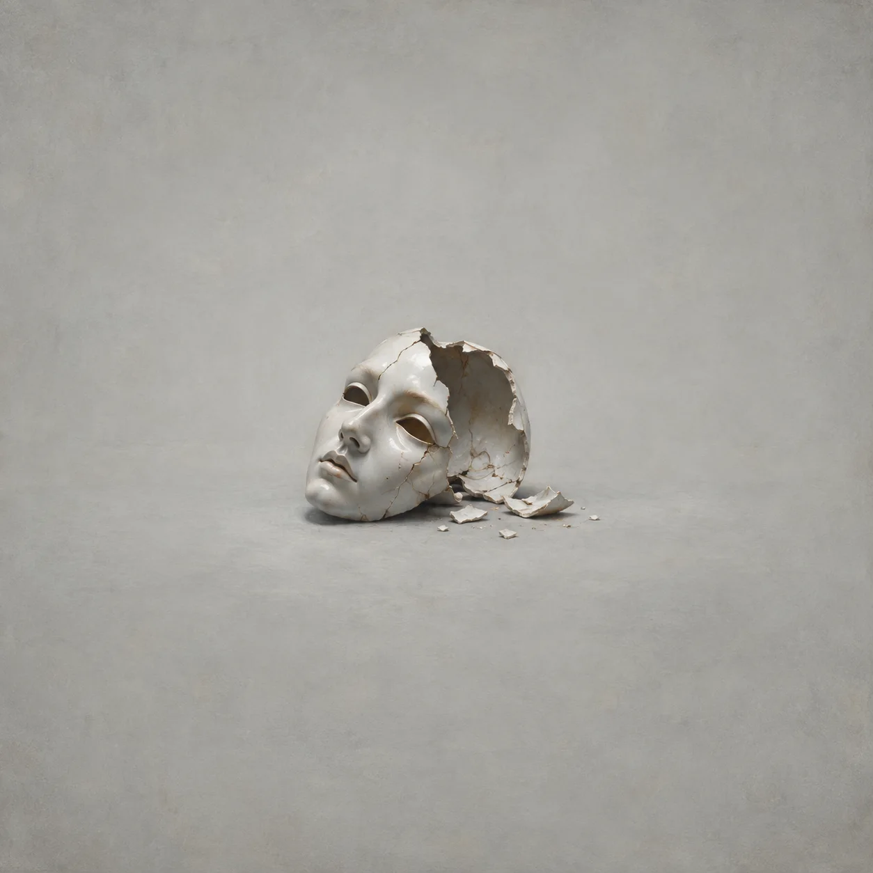 A broken white porcelain mask exposes its hollow interior, with small fragments scattered beside it.