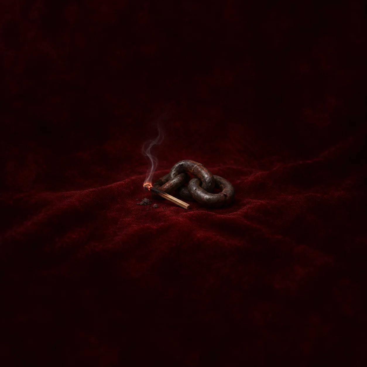 A smouldering match rests beside heavy iron chain links on dark red velvet.