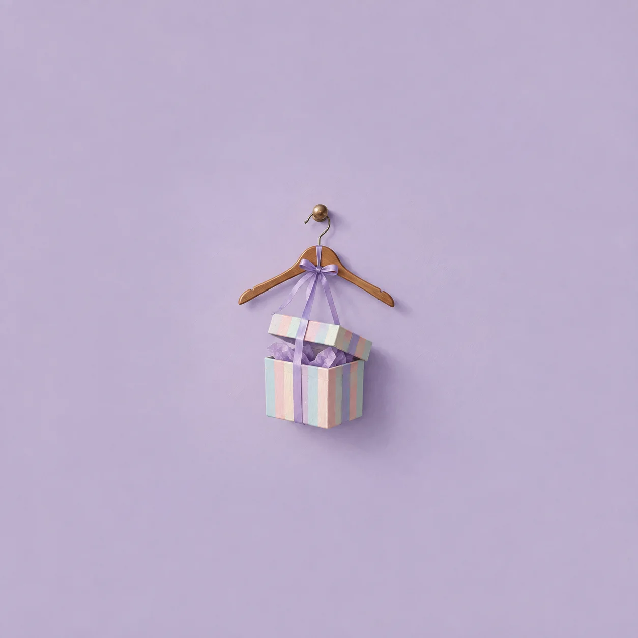 A pastel striped gift box with ribbon hung on a wooden coat hanger against a lavender wall.